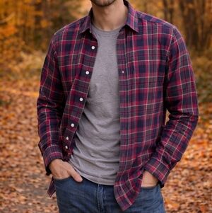 Plaid Button Down Shirt Mens Medium Towncraft Burgundy Red